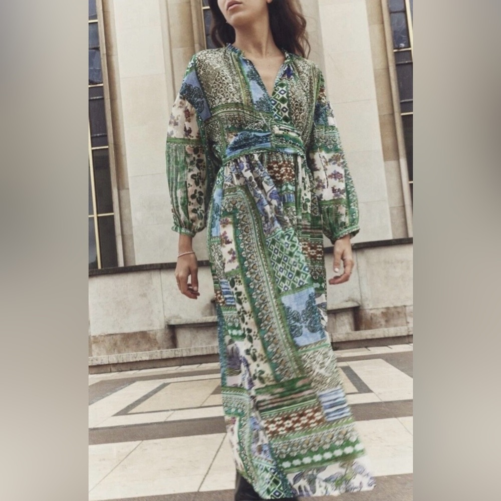 ZARA Size M Printed Patchwork Midi Chiffon Dress 2462/116 SS24 - NWT